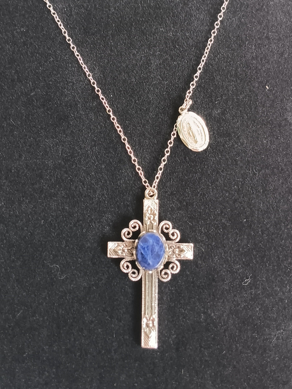 Silver Cross Necklace with Blue Stone Pendant